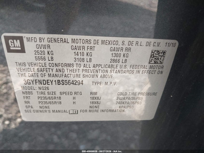 2011 Cadillac Srx VIN 3GYFNDEY1BS564294 IAAI salvage auction — NORMAL WEAR, Clear (Illinois), sold $750 on 2026-09-19 (photo 9)