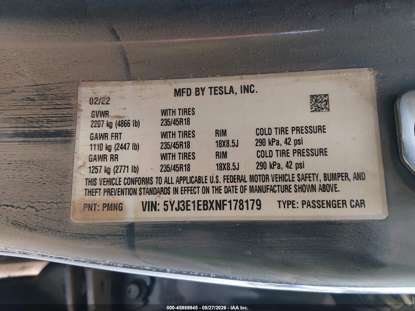 2022 Tesla Model 3 VIN 5YJ3E1EBXNF178179 IAAI salvage auction — WATER/FLOOD, Non-Repairable (California), sold $2,150 on 2026-10-03 (photo 9)