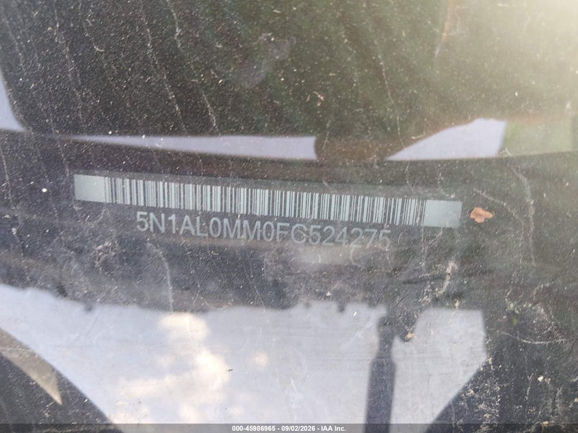2015 Infiniti Qx60 VIN 5N1AL0MM0FC524275 IAAI salvage auction — SIDE, Clear (Arkansas), sold $800 on 2026-09-19 (photo 9)