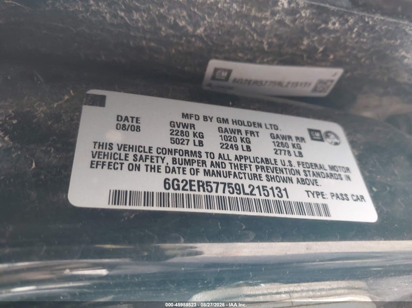 2009 Pontiac G8 VIN 6G2ER57759L215131 IAAI salvage auction — NORMAL WEAR, Clear - Public Restricted (Oklahoma), sold $675 on 2026-09-23 (photo 9)