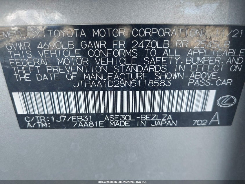 2022 Lexus Is VIN JTHAA1D28N5118583 IAAI salvage auction — FRONT END, Salvage (California), sold $11,000 on 2026-09-04 (photo 9)