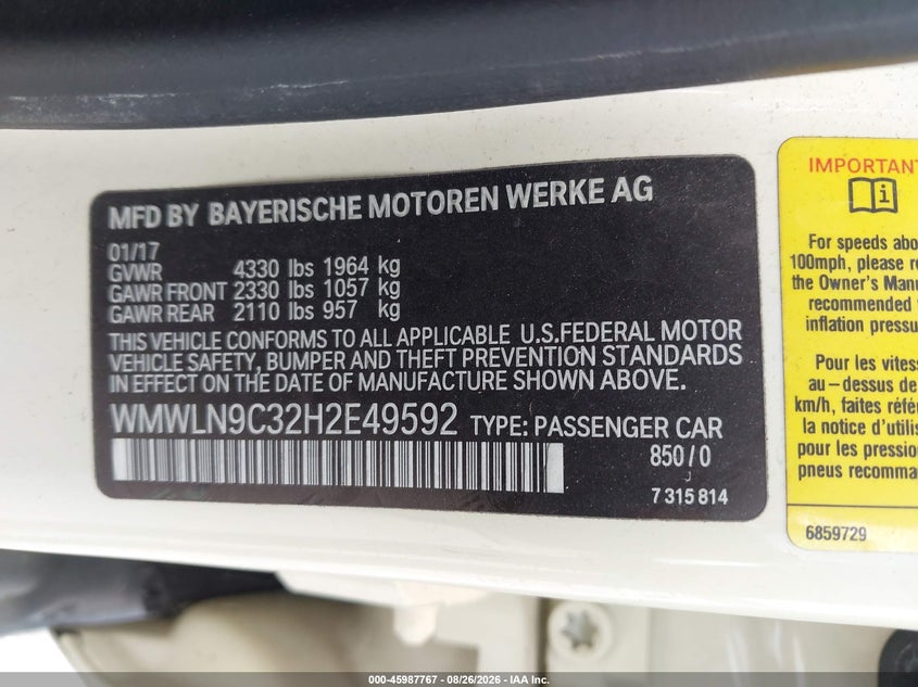 2017 Mini Clubman VIN WMWLN9C32H2E49592 IAAI salvage auction — LEFT FRONT, Clear (Michigan), sold $1,875 on 2026-09-03 (photo 9)
