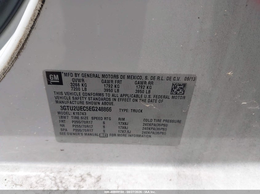 2014 Gmc SIERRA VIN 3GTU2UEC5EG248866 IAAI salvage auction — NORMAL WEAR, Original (Texas), sold $4,500 on 2026-09-23 (photo 9)