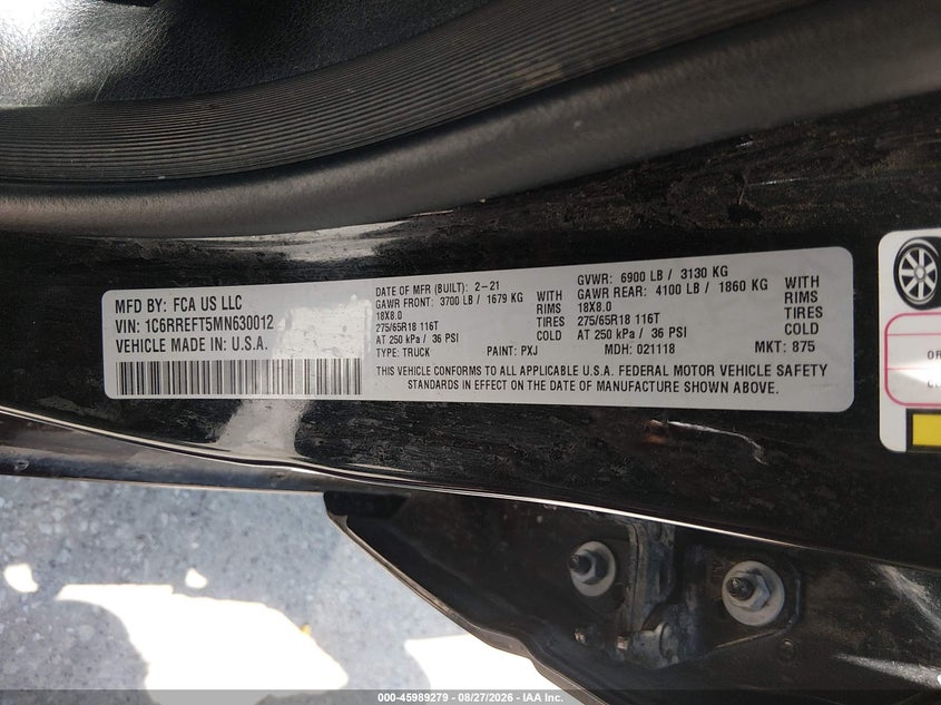 2021 Ram 1500 VIN 1C6RREFT5MN630012 IAAI salvage auction — THEFT, Wait Title, sold $9,800 on 2026-10-05 (photo 9)