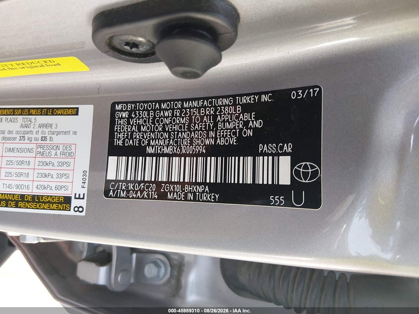 2018 Toyota C-hr VIN NMTKHMBX6JR005994 IAAI salvage auction — THEFT, Wait Title, sold $5,600 on 2026-09-14 (photo 9)