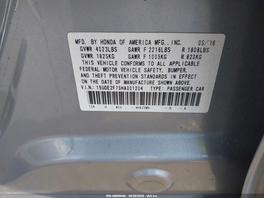 2017 Acura Ilx VIN 19UDE2F75HA001204 IAAI salvage auction — RIGHT REAR, Wait Title, sold $3,600 on 2026-09-25 (photo 9)