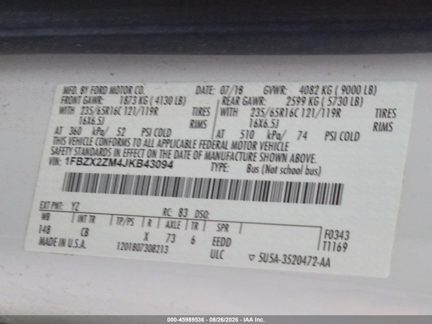 2018 Ford Transit-350 VIN 1FBZX2ZM4JKB43094 IAAI salvage auction — NORMAL WEAR, Sf97 (Alaska), sold $18,750 on 2026-09-08 (photo 6)
