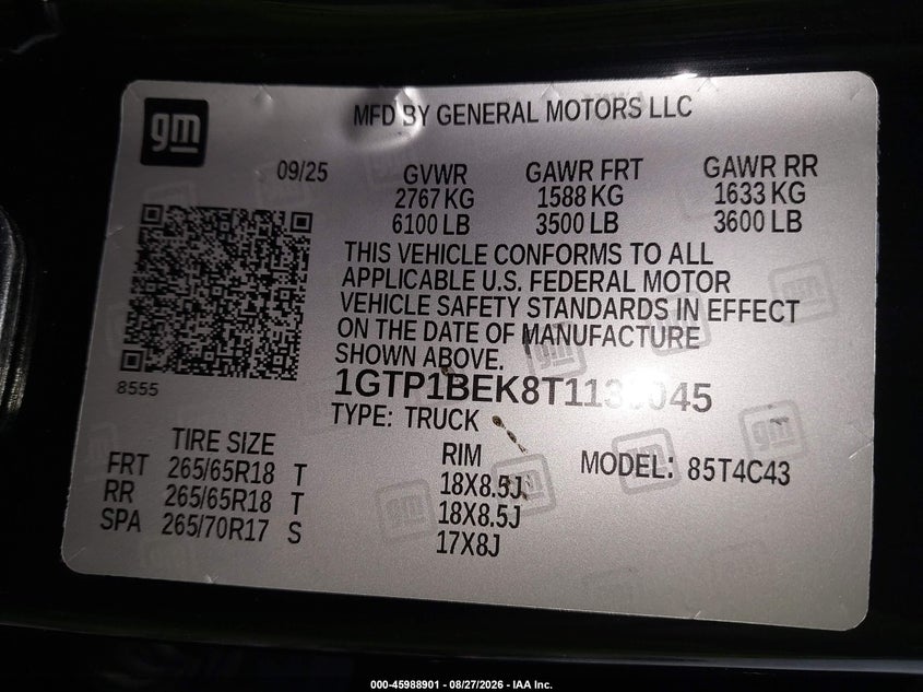 2026 GMC Canyon VIN 1GTP1BEK8T1138045 IAAI salvage auction — Rear, Salvage, sold $18,650 on 2026-10-14 (photo 9)