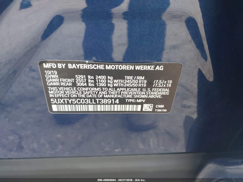 2020 BMW X3 VIN 5UXTY5C03LLT38914 IAAI salvage auction — ALL OVER, Wait Title, sold $10,600 on 2026-09-06 (photo 9)