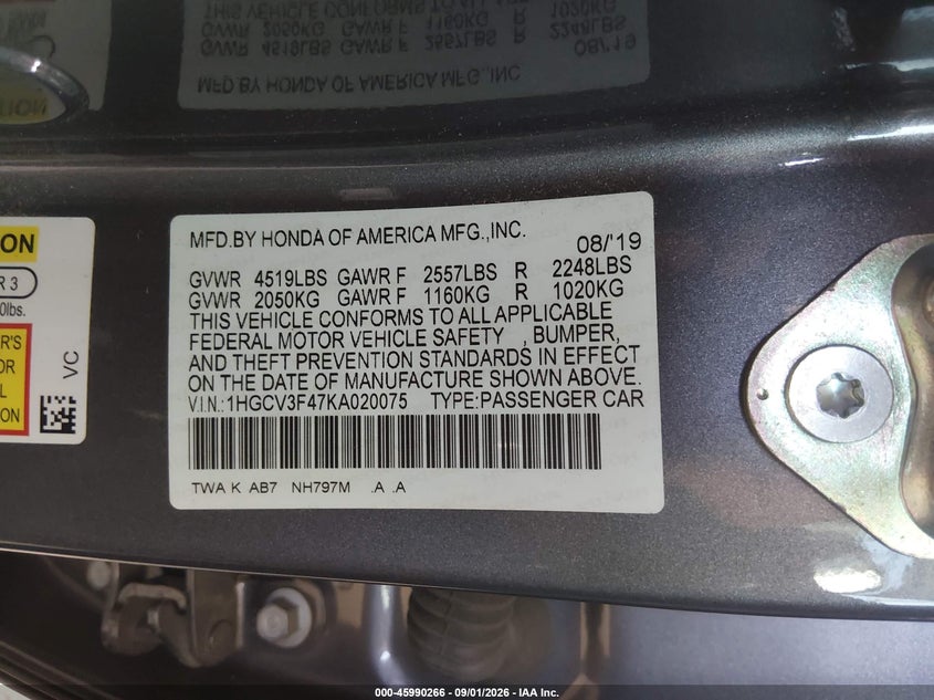 2019 Honda Accord VIN 1HGCV3F47KA020075 IAAI salvage auction — LEFT FRONT, Wait Title, sold $5,300 on 2026-09-14 (photo 9)