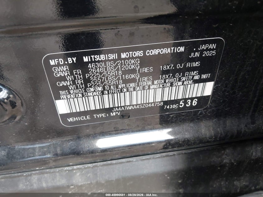 2025 Mitsubishi Eclipse cross VIN JA4ATWAA4SZ044758 IAAI salvage auction — REAR END, Wait Title, sold $13,000 on 2026-09-05 (photo 9)