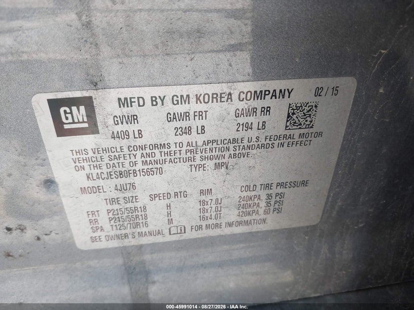 2015 Buick Encore VIN KL4CJESB0FB156570 IAAI salvage auction — NORMAL WEAR, Clear (Indiana), sold $875 on 2026-09-19 (photo 9)