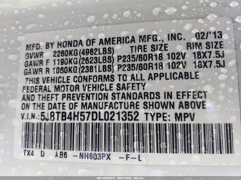 2013 Acura Rdx VIN 5J8TB4H57DL021352 IAAI salvage auction — FRONT END, Clear (Massachusetts), sold $225 on 2026-09-08 (photo 9)