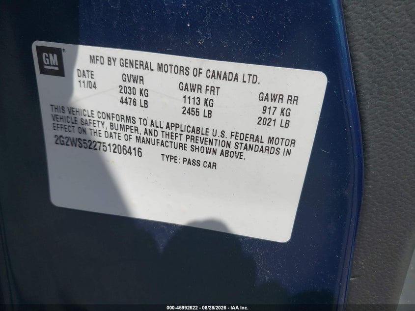 2005 Pontiac Grand prix VIN 2G2WS522751206416 IAAI salvage auction — NORMAL WEAR, Clear (New Jersey), sold $400 on 2026-09-04 (photo 9)