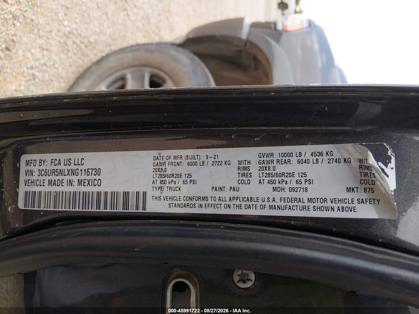 2022 Ram 2500 VIN 3C6UR5NLXNG116730 IAAI salvage auction — THEFT, Wait Title, sold $37,575 on 2026-09-30 (photo 9)