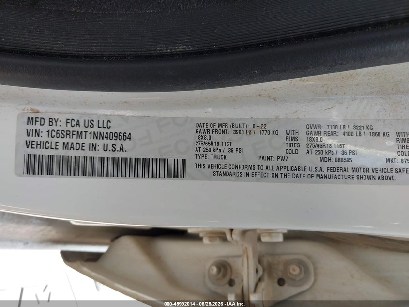2022 Ram 1500 VIN 1C6SRFMT1NN409664 IAAI salvage auction — FRONT & REAR, Enterprise Vehicles Clear Only (Texas), sold $25 on 2026-09-12 (photo 9)