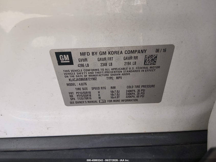 2016 Buick Encore VIN KL4CJASB6GB721902 IAAI salvage auction — NORMAL WEAR, Clear (Illinois), sold $625 on 2026-10-05 (photo 9)