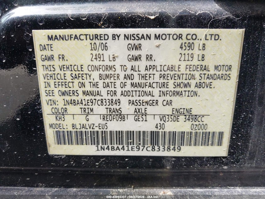 2007 Nissan Maxima VIN 1N4BA41E97C833849 IAAI salvage auction — REAR END, Salvage (California), sold $900 on 2026-10-04 (photo 9)