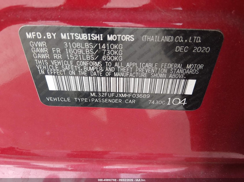 2021 Mitsubishi Mirage VIN ML32FUFJXMHF03689 IAAI salvage auction — FRONT END, Wait Title, sold $1,300 on 2026-10-04 (photo 9)