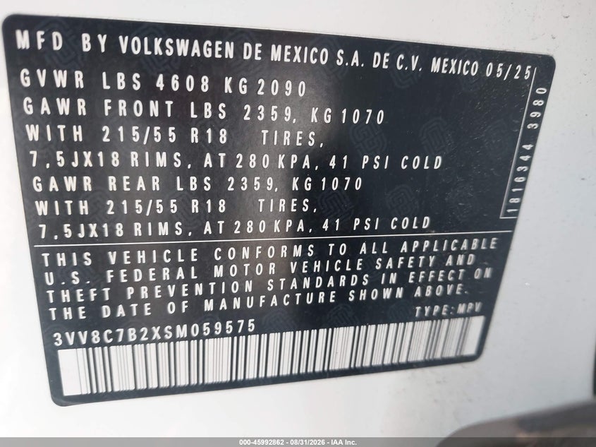 2025 Volkswagen Taos VIN 3VV8C7B2XSM059575 IAAI salvage auction — FRONT END, Salvage (California), sold $10,400 on 2026-09-10 (photo 9)
