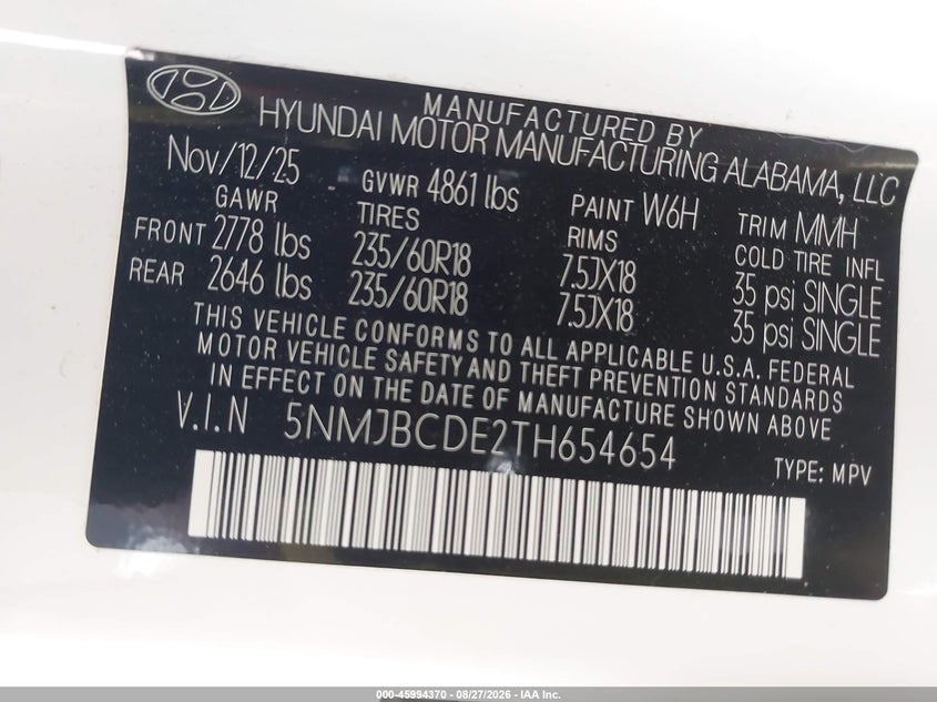 2026 Hyundai Tucson VIN 5NMJBCDE2TH654654 IAAI salvage auction — FRONT END, Salvage Title, sold $14,100 on 2026-09-02 (photo 9)