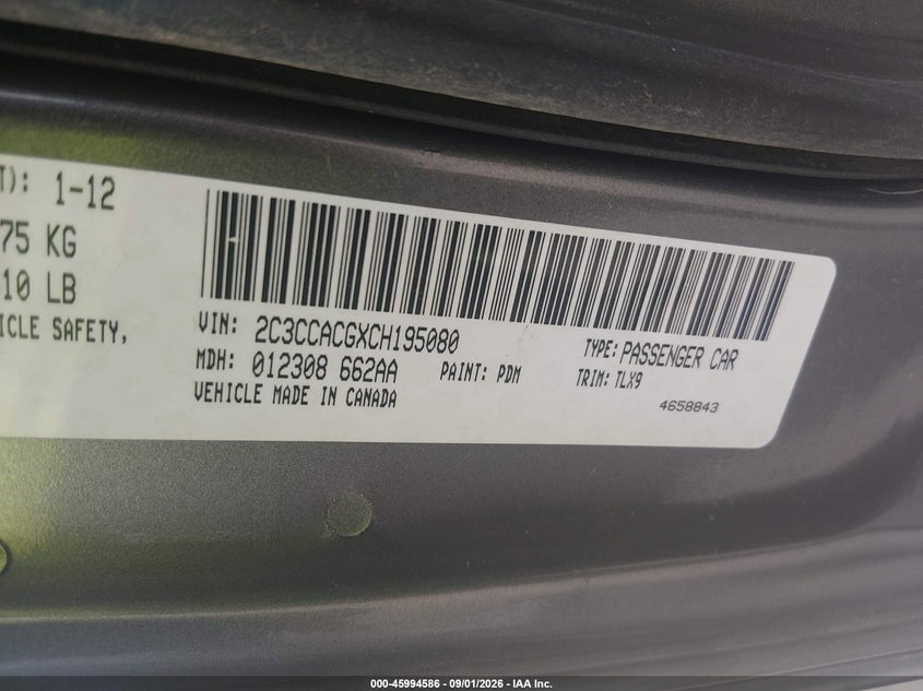 2012 Chrysler 300 VIN 2C3CCACGXCH195080 IAAI salvage auction — FRONT END, Wait Title, sold $1,200 on 2026-10-11 (photo 9)