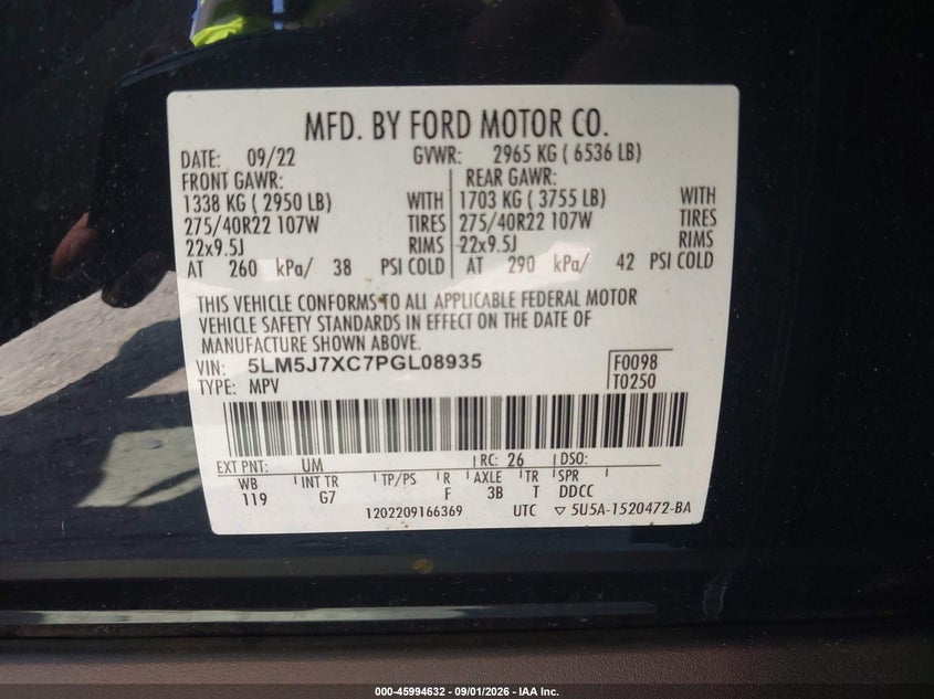 2023 Lincoln Aviator VIN 5LM5J7XC7PGL08935 IAAI salvage auction — LEFT SIDE, Wait Title, sold $14,600 on 2026-09-22 (photo 9)