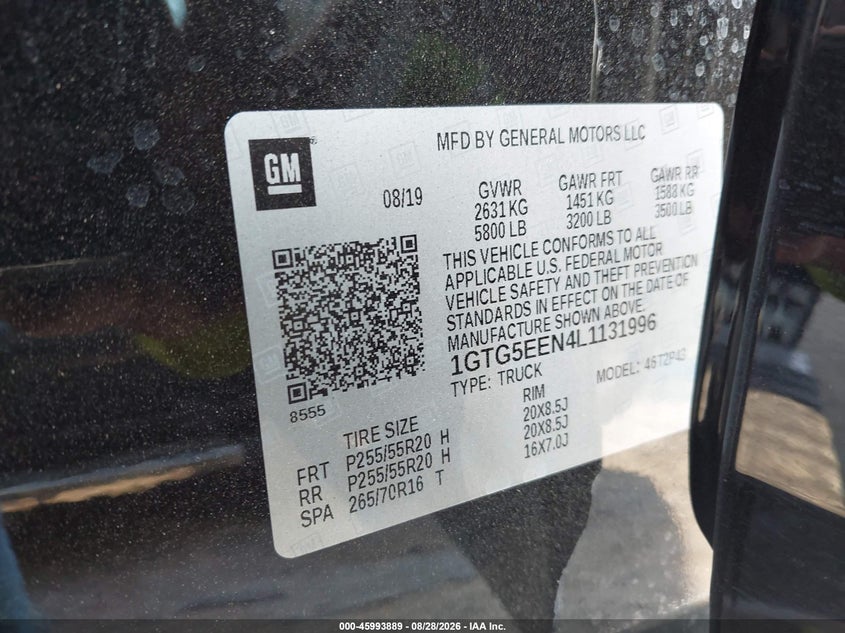 2020 Gmc Canyon VIN 1GTG5EEN4L1131996 IAAI salvage auction — REAR END, Wait Title, sold $7,750 on 2026-10-08 (photo 9)