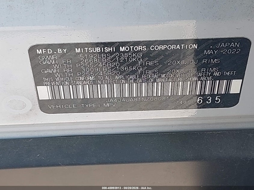 2022 Mitsubishi Outlander VIN JA4J4UA81NZ080815 IAAI salvage auction — FRONT END, Salvage (Texas), sold $6,500 on 2026-09-06 (photo 9)
