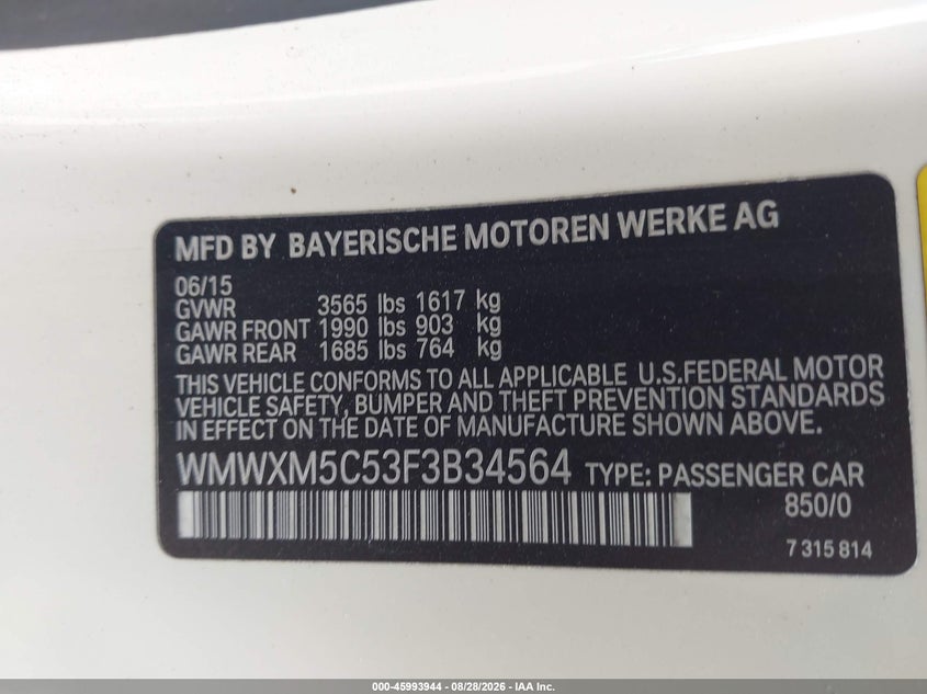 2015 Mini Hard top VIN WMWXM5C53F3B34564 IAAI salvage auction — RIGHT FRONT, Salvage Title, sold $750 on 2026-09-20 (photo 9)