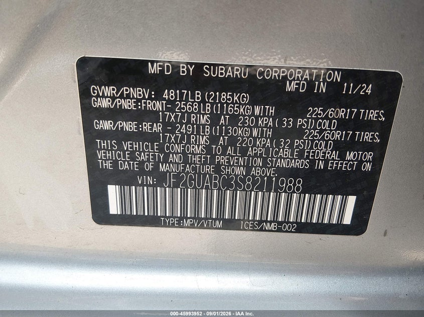 2025 Subaru Xv VIN JF2GUABC3S8211988 IAAI salvage auction — FRONT END, Salvage Title, sold $7,525 on 2026-10-20 (photo 9)