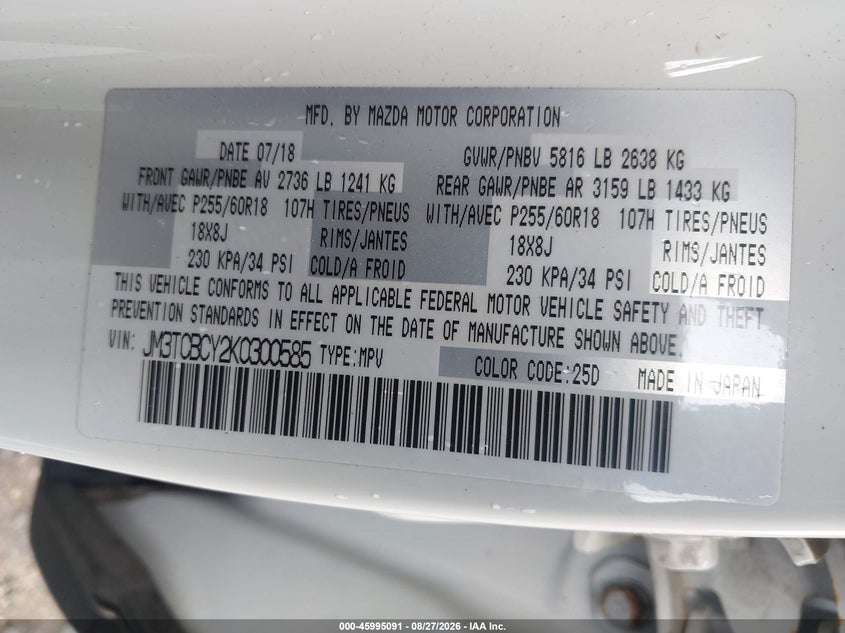 2019 Mazda Cx-9 VIN JM3TCBCY2K0300585 IAAI salvage auction — NORMAL WEAR, Clear (Pennsylvania), sold $6,475 on 2026-09-07 (photo 9)