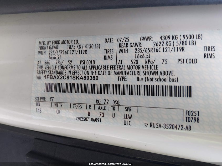 2025 Ford Transit VIN 1FBAX2C81SKA89389 IAAI salvage auction — SIDE, Salvage Title, sold $36,000 on 2026-09-04 (photo 9)