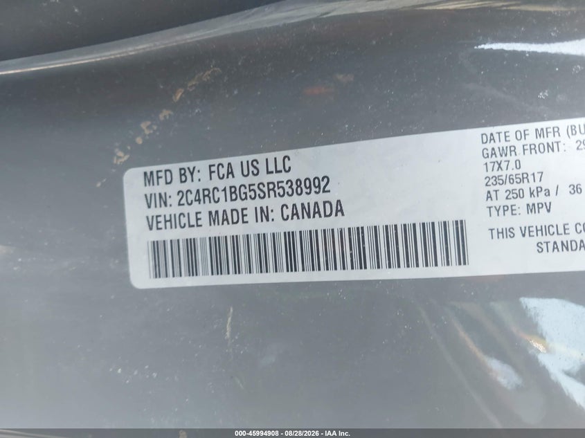 2025 Chrysler Pacifica VIN 2C4RC1BG5SR538992 IAAI salvage auction — LEFT FRONT, Wait Title, sold $14,000 on 2026-09-19 (photo 9)