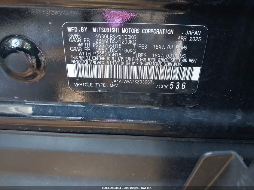 2025 Mitsubishi Eclipse cross VIN JA4ATWAA7SZ036671 IAAI salvage auction — REAR END, Enterprise Vehicles Clear Only (New Jersey), sold $11,150 on 2026-09-03 (photo 9)