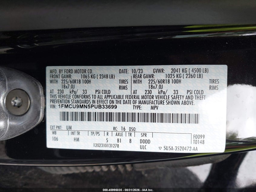 2023 Ford Escape VIN 1FMCU9MN5PUB33699 IAAI salvage auction — SIDE, Wait Title, sold $7,800 on 2026-10-09 (photo 9)