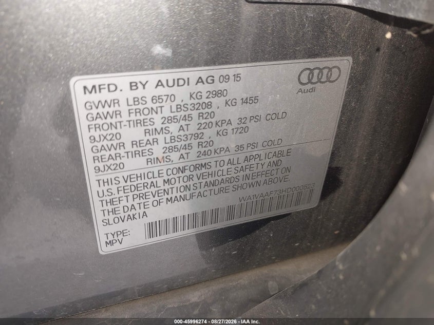2017 Audi Q7 VIN WA1VAAF73HD000523 IAAI salvage auction — FRONT END, Salvage (California), sold $6,000 on 2026-09-24 (photo 9)