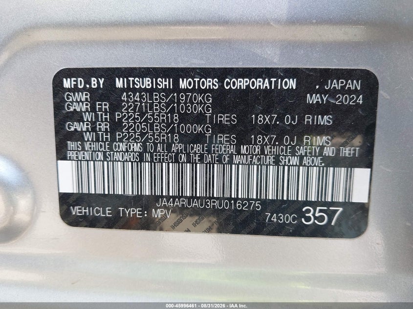 2024 Mitsubishi Outlander VIN JA4ARUAU3RU016275 IAAI salvage auction — UNDERCARRIAGE, Enterprise Vehicles Clear Only (Texas), sold $8,225 on 2026-09-15 (photo 9)