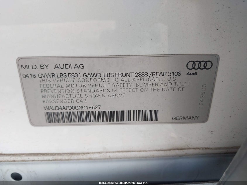 2016 Audi A8 VIN WAU34AFD0GN019627 IAAI salvage auction — LEFT FRONT, Wait Title, sold $1,200 on 2026-10-07 (photo 9)