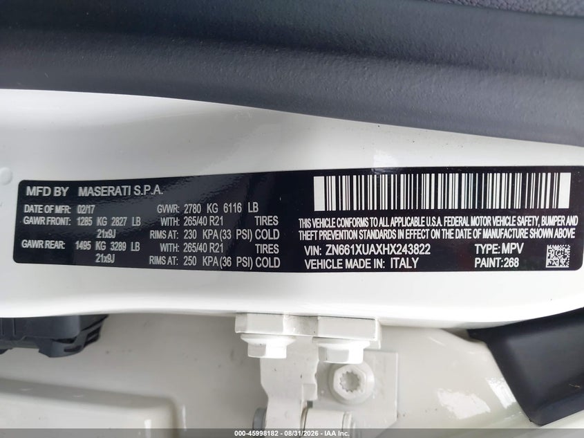 2017 Maserati Levante VIN ZN661XUAXHX243822 IAAI salvage auction — BIOHAZARD/CHEMICAL, Wait Title, sold $3,900 on 2026-10-09 (photo 9)