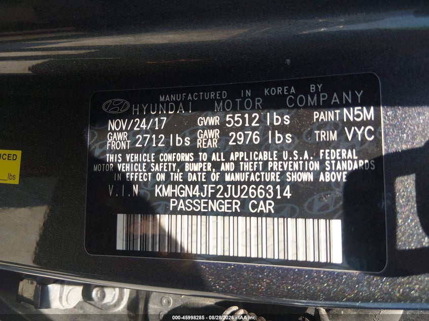 2018 Genesis G80 VIN KMHGN4JF2JU266314 IAAI salvage auction — NORMAL WEAR, Original (Texas), sold $1,750 on 2026-09-08 (photo 9)