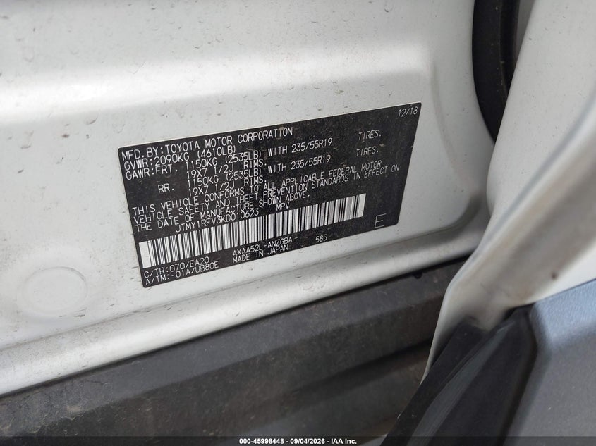 2019 Toyota Rav 4 VIN JTMY1RFV3KD010623 IAAI salvage auction — FRONT END, Salvage Title, sold $8,900 on 2026-09-26 (photo 9)