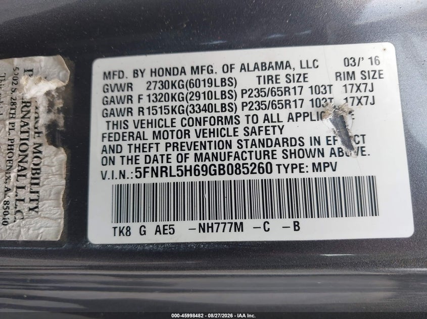 2016 Honda Odyssey VIN 5FNRL5H69GB085260 IAAI salvage auction — SIDE, Clear (New York), sold $15,050 on 2026-09-03 (photo 9)