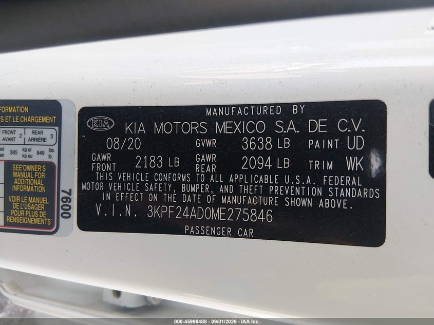 2021 Kia Forte VIN 3KPF24AD0ME275846 IAAI salvage auction — HAIL, Salvage Title, sold $2,800 on 2026-10-21 (photo 9)