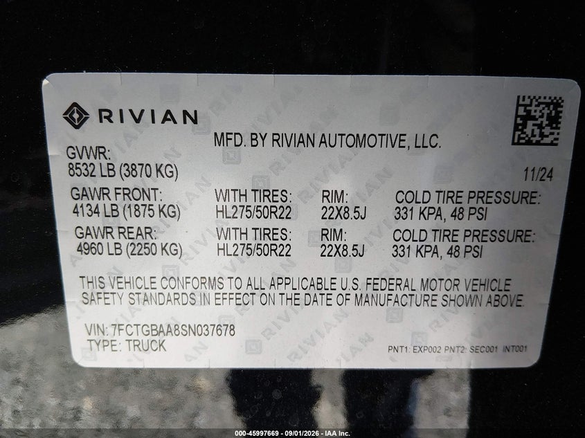 2025 Rivian R1t VIN 7FCTGBAA8SN037678 IAAI salvage auction — SIDE, Salvage Title, sold $34,200 on 2026-09-28 (photo 9)