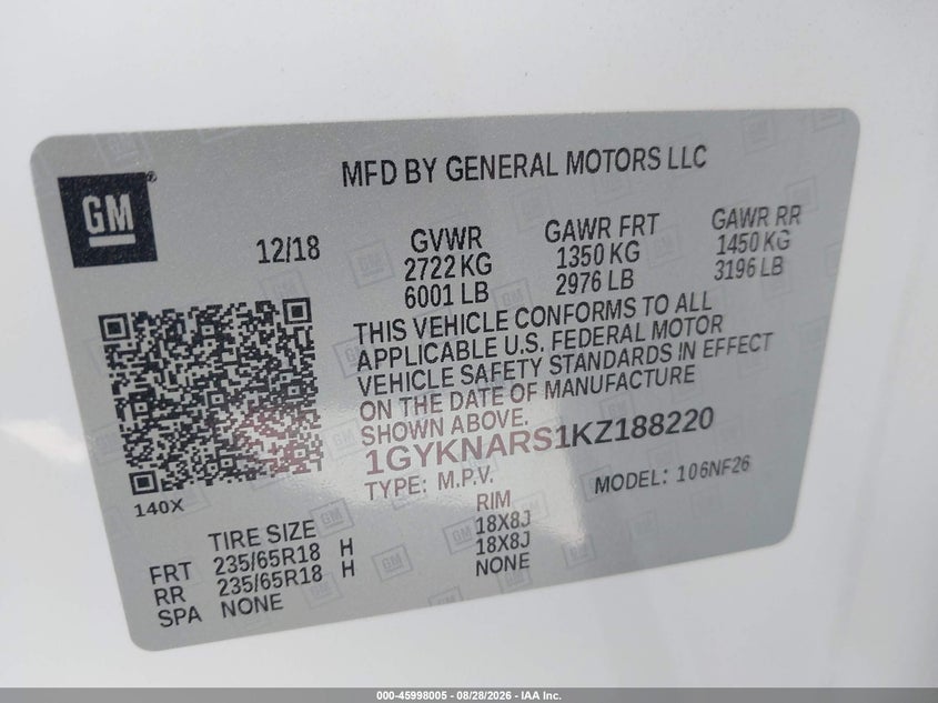 2019 Cadillac Xt5 VIN 1GYKNARS1KZ188220 IAAI salvage auction — LEFT FRONT, Wait Title, sold $5,650 on 2026-09-16 (photo 9)