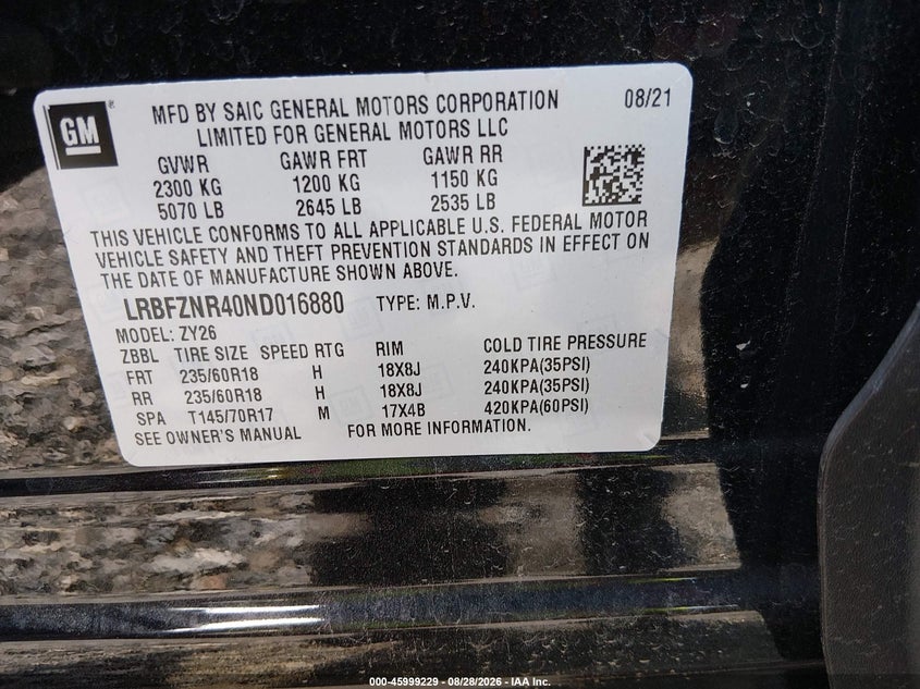 2022 Buick Envision VIN LRBFZNR40ND016880 IAAI salvage auction — NORMAL WEAR, Clear (Michigan), sold $16,500 on 2026-09-12 (photo 9)