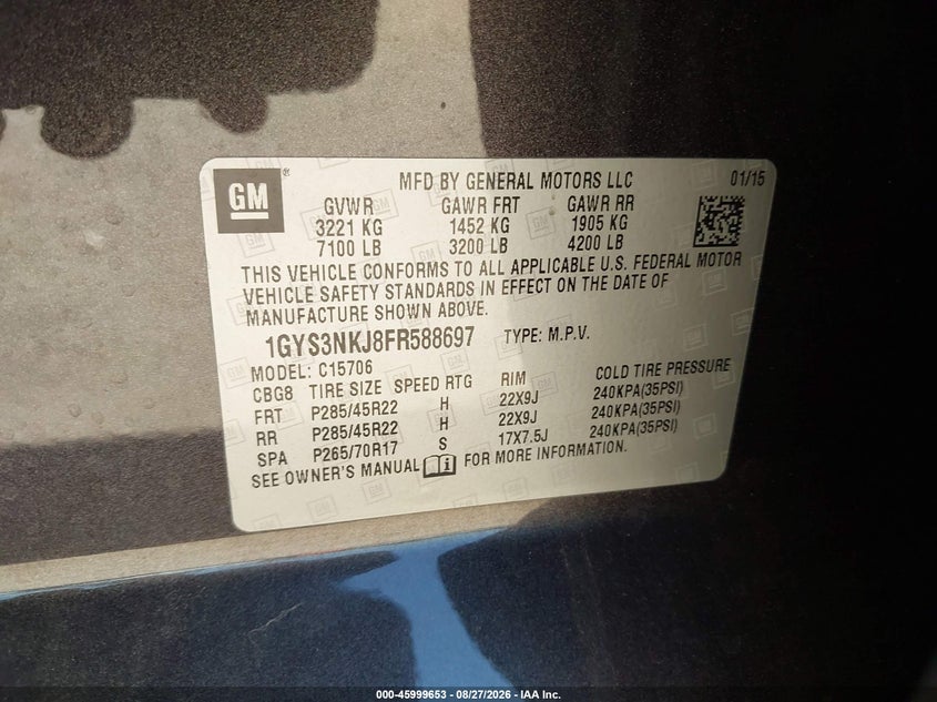 2015 Cadillac Escalade VIN 1GYS3NKJ8FR588697 IAAI salvage auction — FRONT END, Original (Texas), sold $5,975 on 2026-09-17 (photo 9)