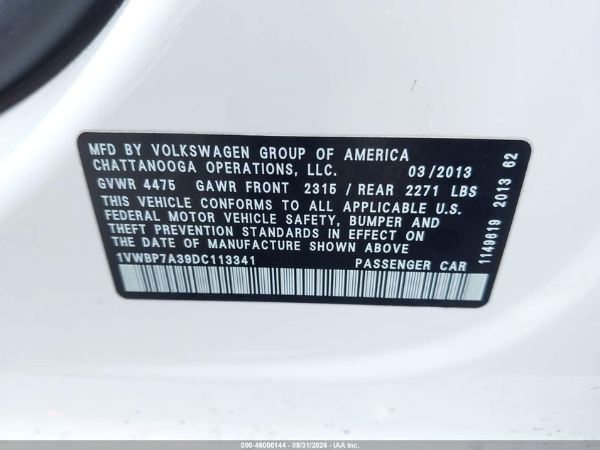 2013 Volkswagen Passat VIN 1VWBP7A39DC113341 IAAI salvage auction — RIGHT FRONT, Salvage Title, sold $1,050 on 2026-09-06 (photo 9)