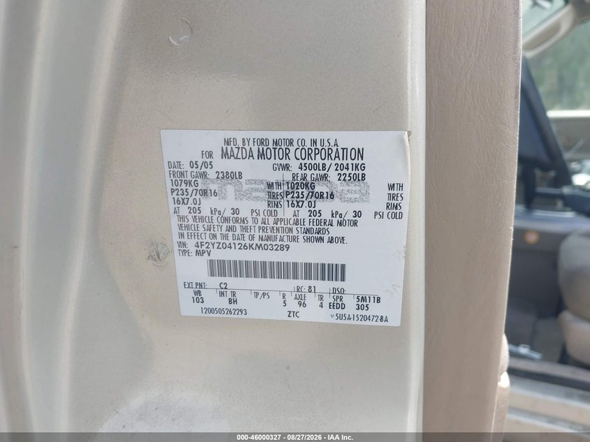 2006 Mazda Tribute VIN 4F2YZ04126KM03289 IAAI salvage auction — NORMAL WEAR, Clear - Dealer Only (California), sold $275 on 2026-09-24 (photo 9)